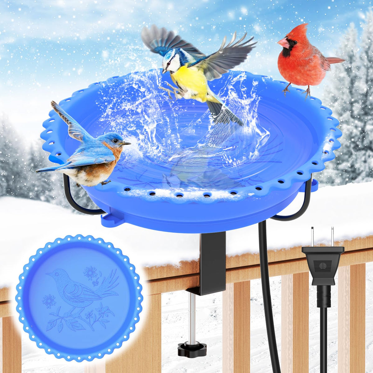 ODSNANIE front view of heated bird bath showing secure installation benefit