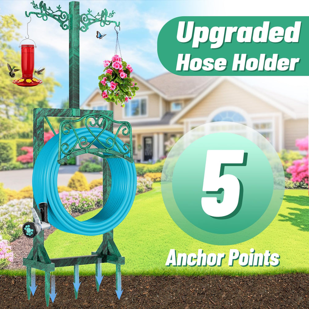 ODSNANIE hose holder in garden holding coiled hose for tidy outdoor storage