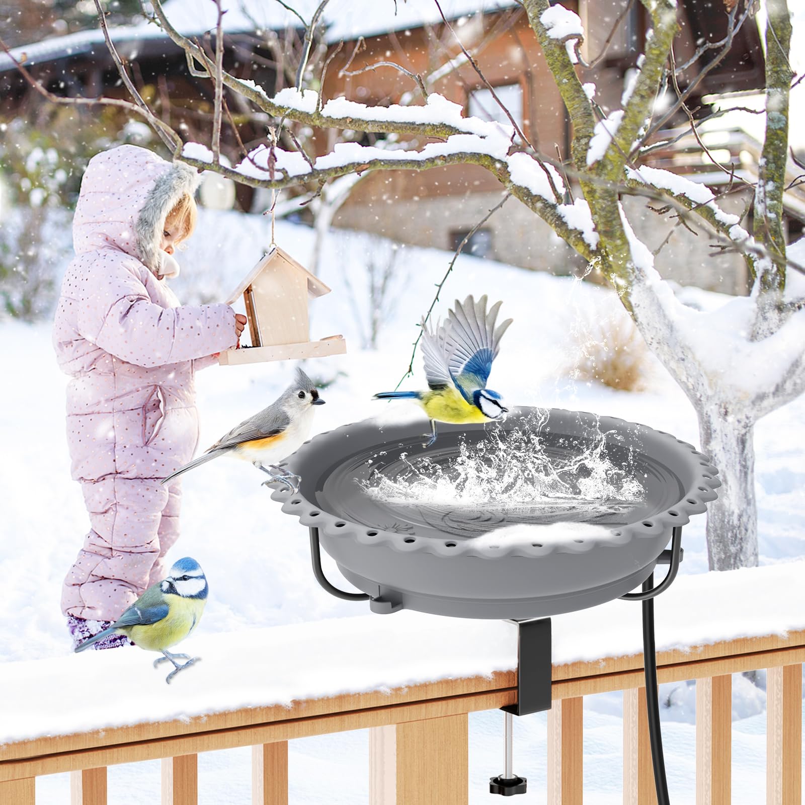 ODSNANIE backyard scene with bird on bowl showing how it attracts feathered visitors benefit