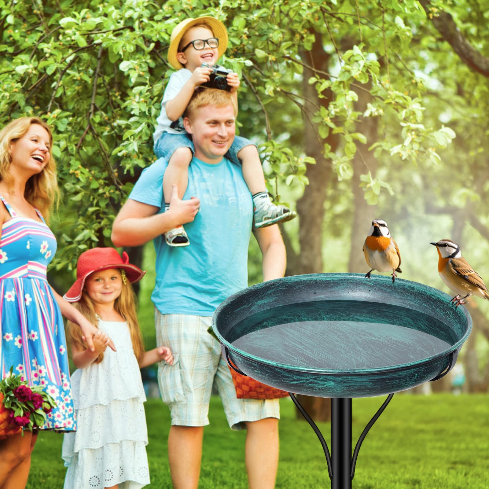 ODSNANIE bird bath next to garden spade showing compact size and scale