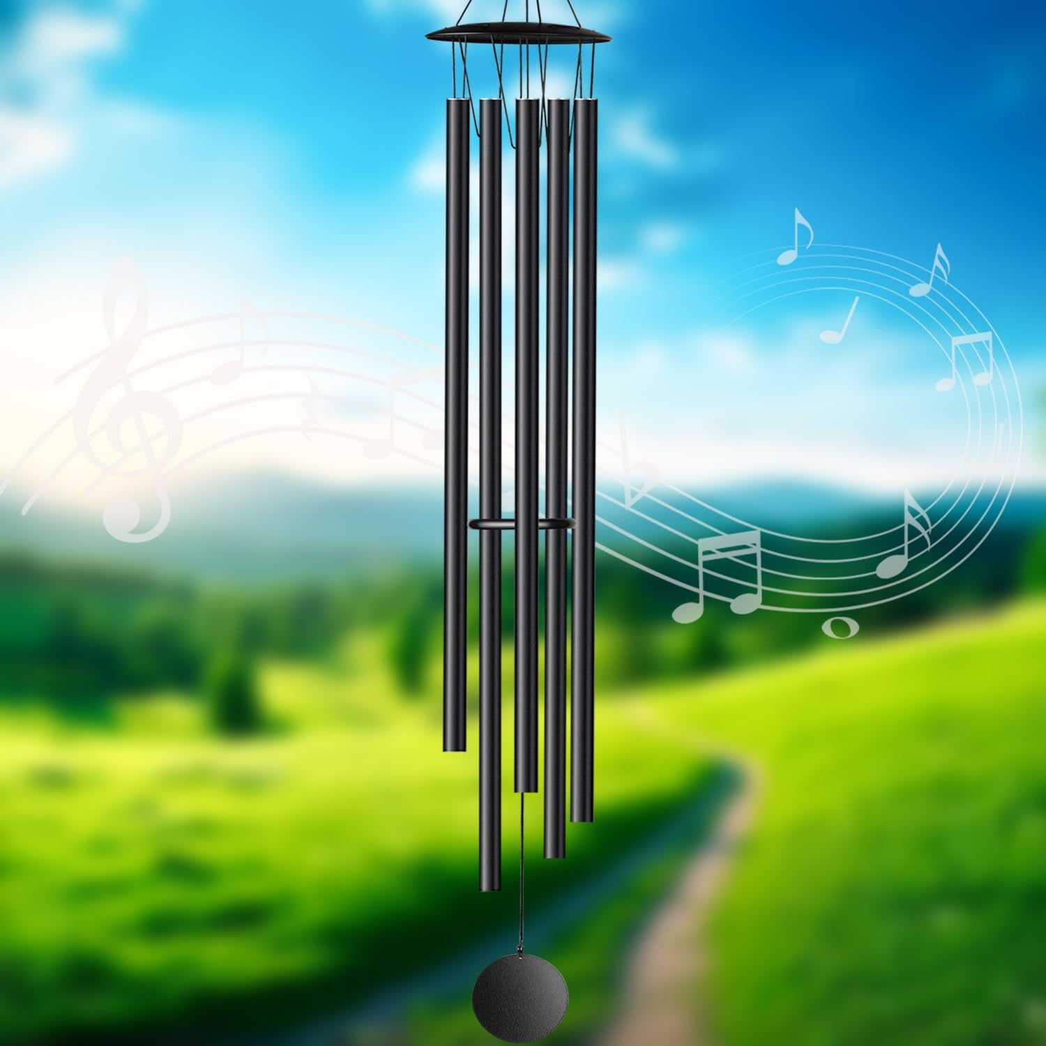 OEMUXU front view of black 68-inch wind chime showing elegant silhouette and presence