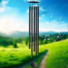 OEMUXU front view of black 68-inch wind chime showing elegant silhouette and presence
