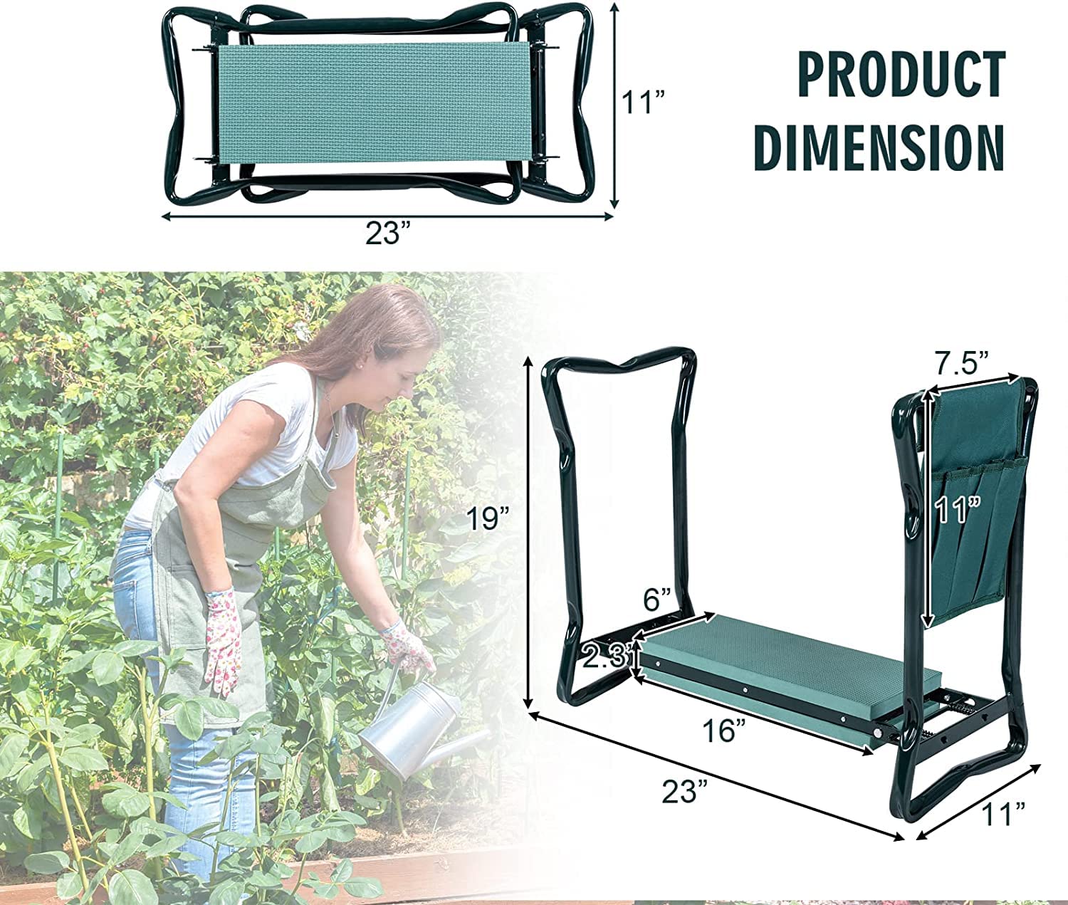 OFFICEJOY kneeler in use planting seedlings showing comfort and hands-free tool access