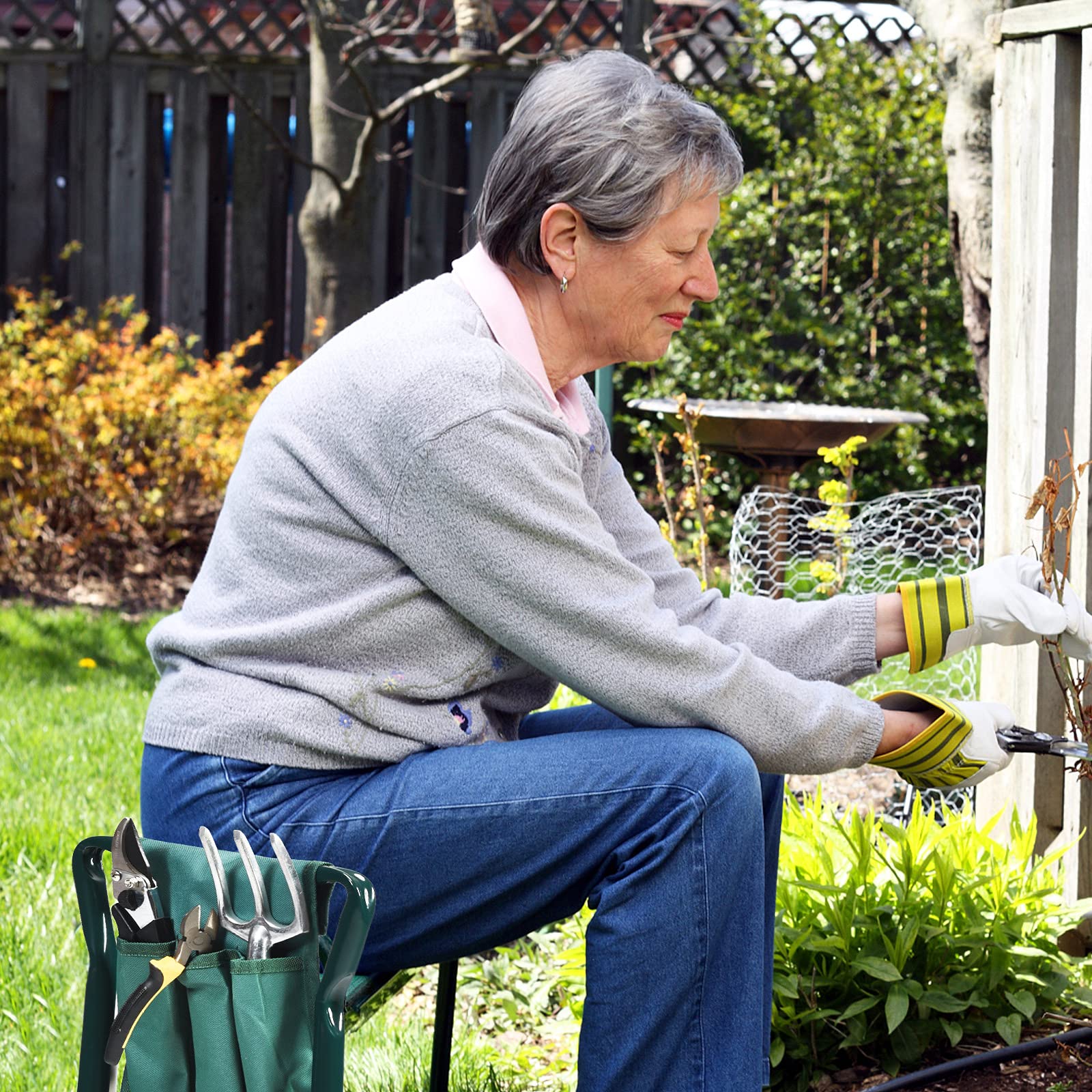 OFFICEJOY lifestyle garden setting with person using seat showing practical outdoor use