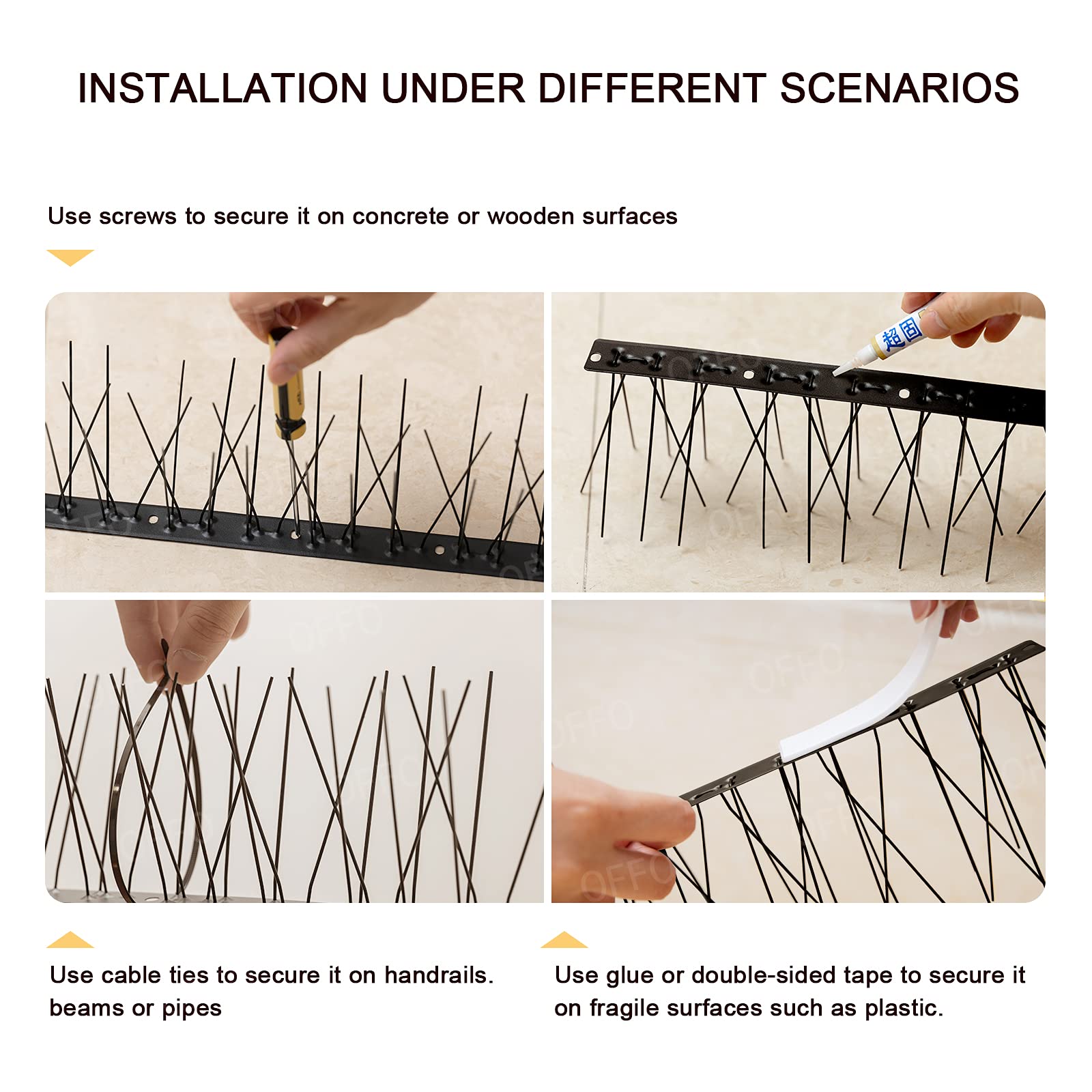 OFFO detail of tape and cable-tie mounting options for easy installation