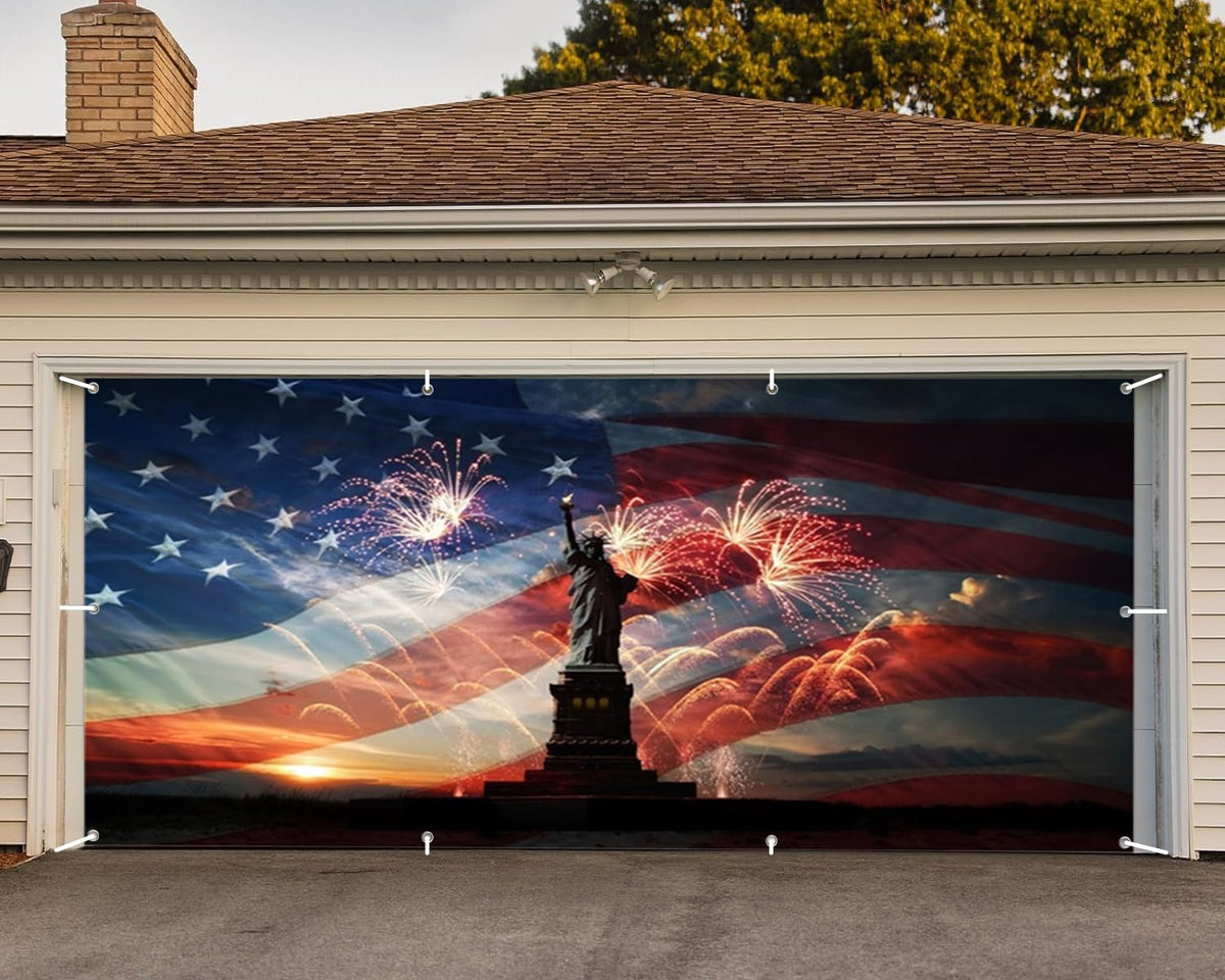 OFILA garage door cover front view showing patriotic flag design and Statue of Liberty, enhancing curb appeal