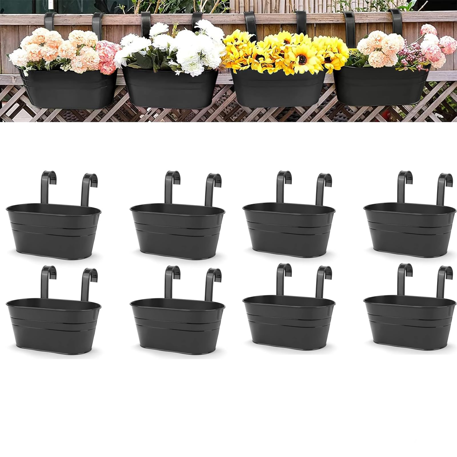 OGIMA front view of eight metal railing planters showing neat set