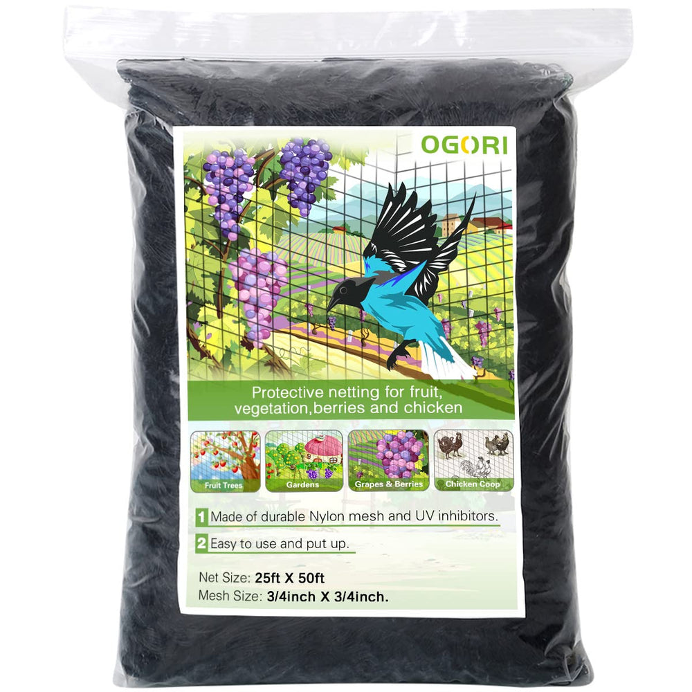 OGORI front packaging showing 25x50 bird netting and included accessories for easy protection