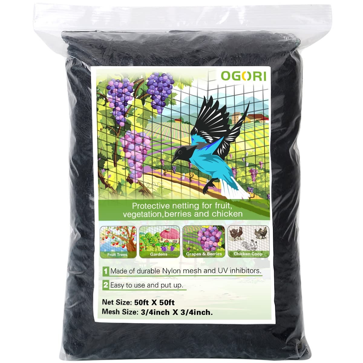 OGORI front packaging showing folded 50x50 netting and included accessories for quick setup