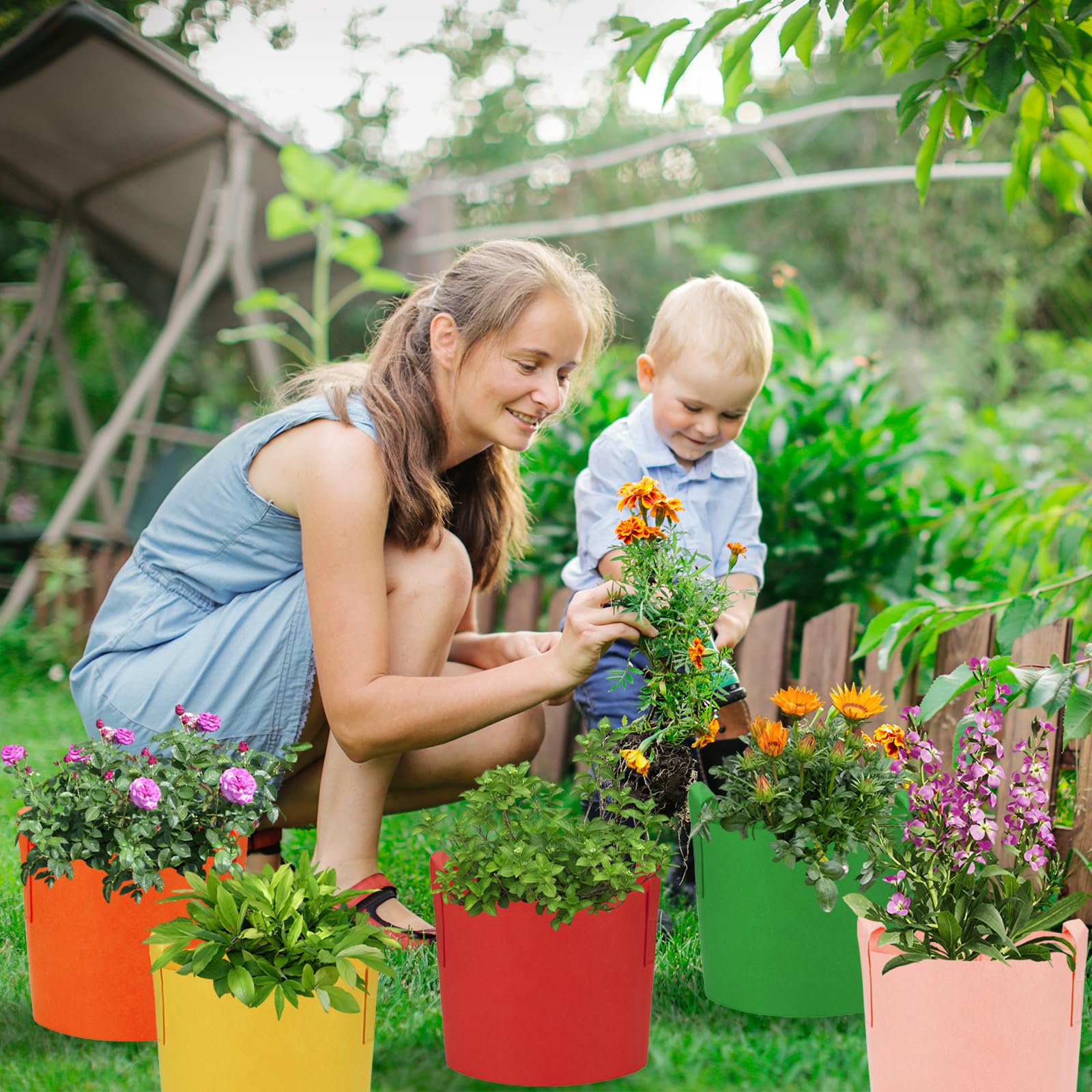 Ohiyoo multicolor grow bags on a balcony showing attractive organized planting