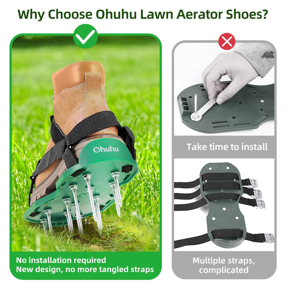 Ohuhu aerator shoes in use on lawn demonstrating easier soil penetration