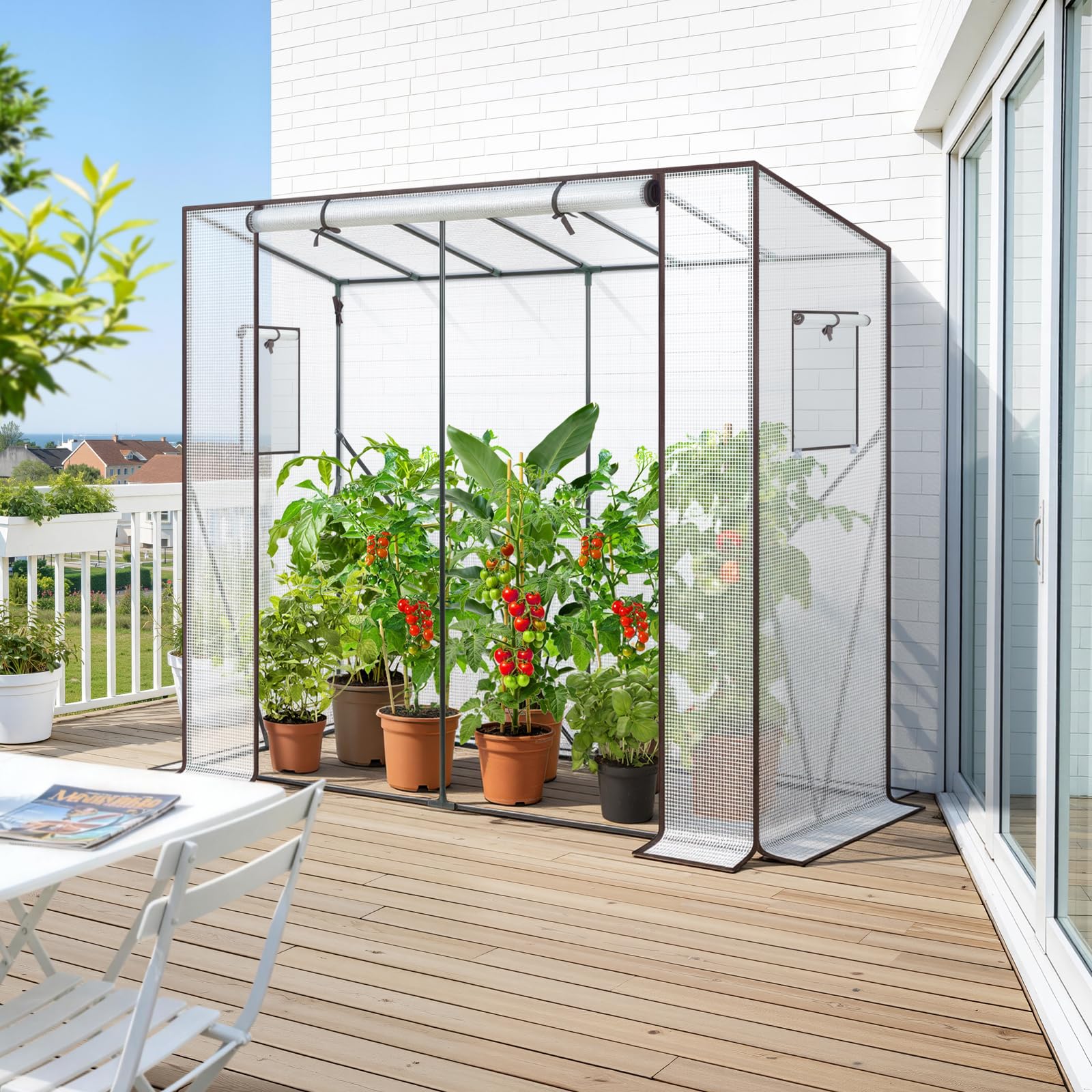 Ohuhu anchored greenhouse with stakes and ropes showing windproof stability