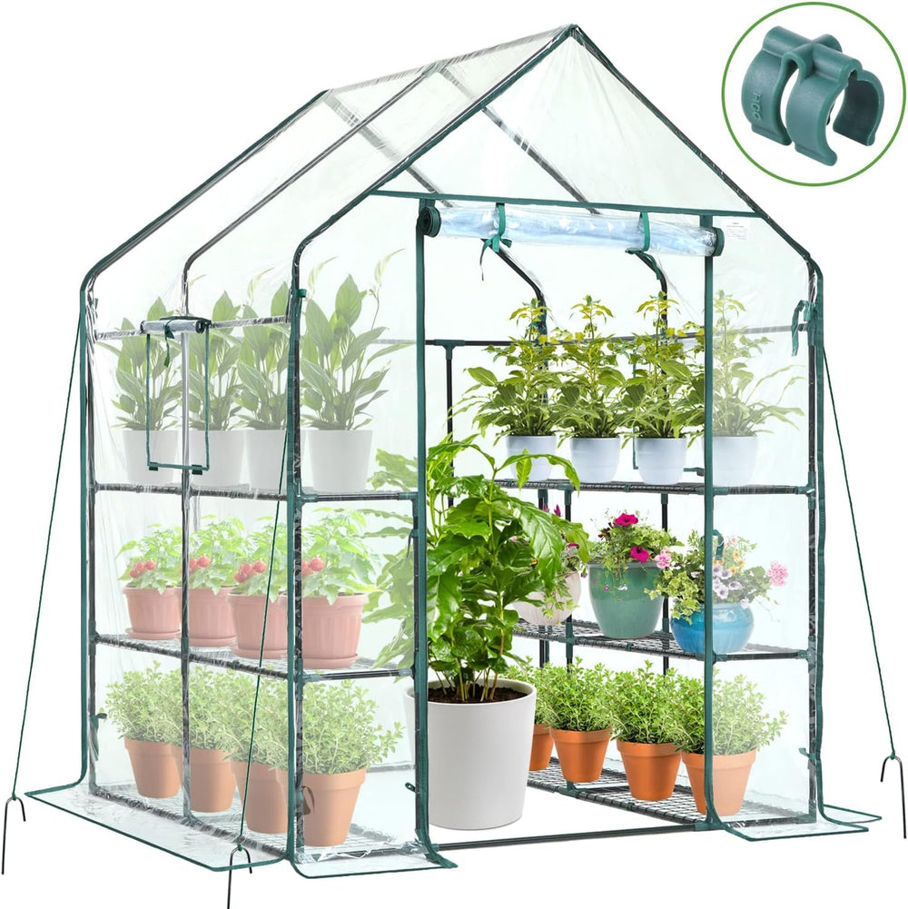 Ohuhu front assembled greenhouse showing compact outdoor protection and plant organization