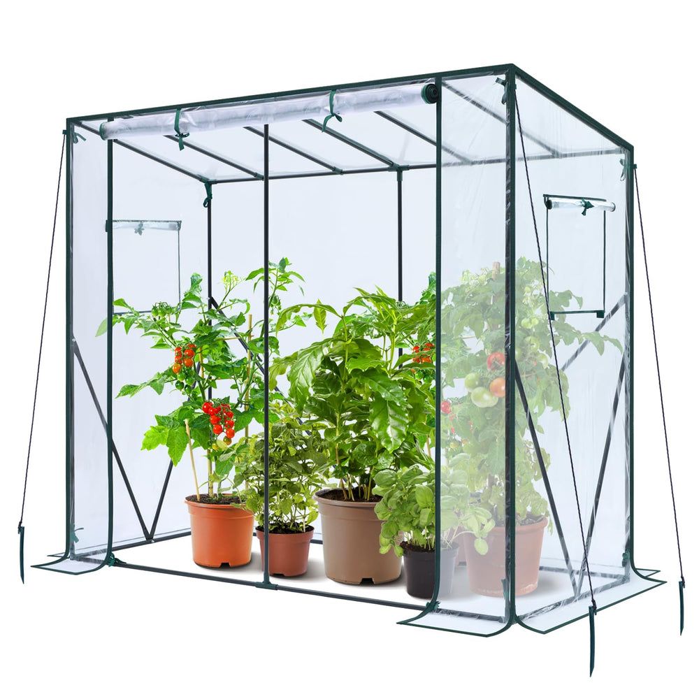 Ohuhu front view of lean-to greenhouse showing compact, protective shelter