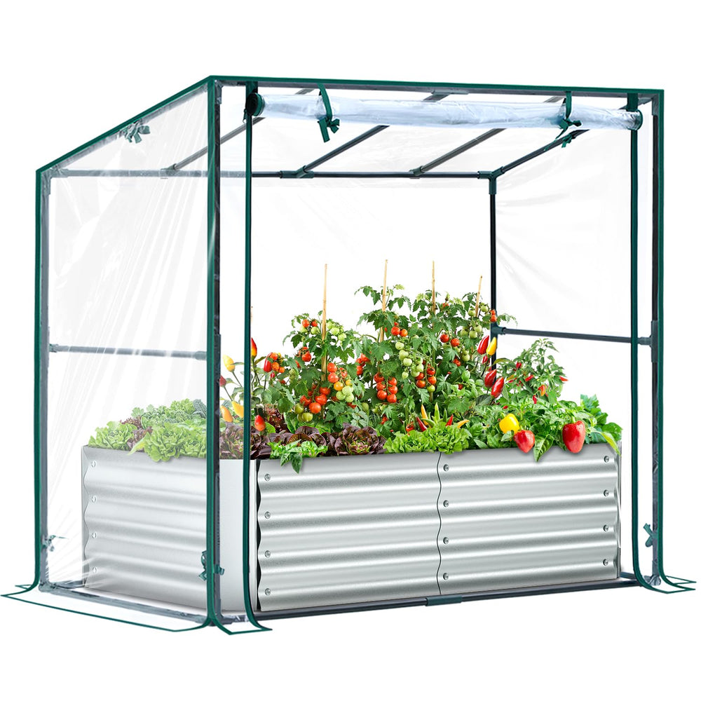 Ohuhu front view of assembled raised bed and greenhouse, shows compact protection