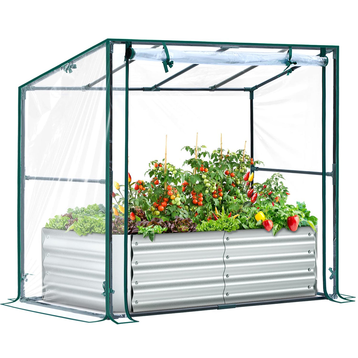 Ohuhu front view of assembled raised bed and greenhouse, shows compact protection