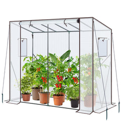 Ohuhu front view of lean-to greenhouse showing protected plants and sunlight benefit