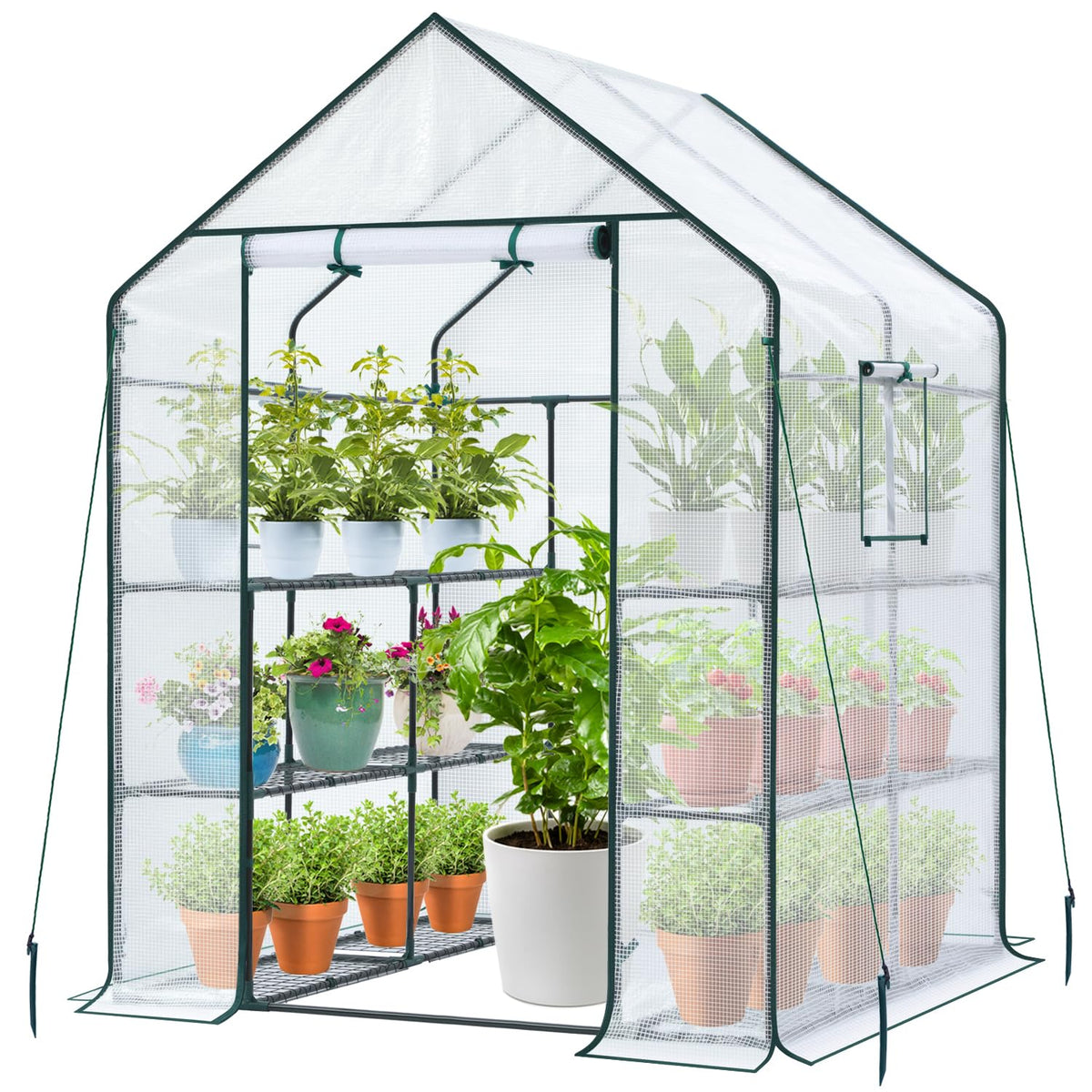Ohuhu front view of walk-in greenhouse showing structure and coverage for year-round protection