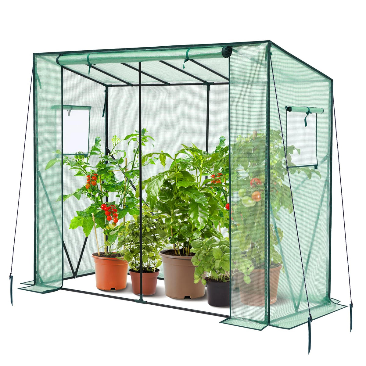 Ohuhu lean-to greenhouse front view showing compact footprint and entry benefiting space-saving gardening