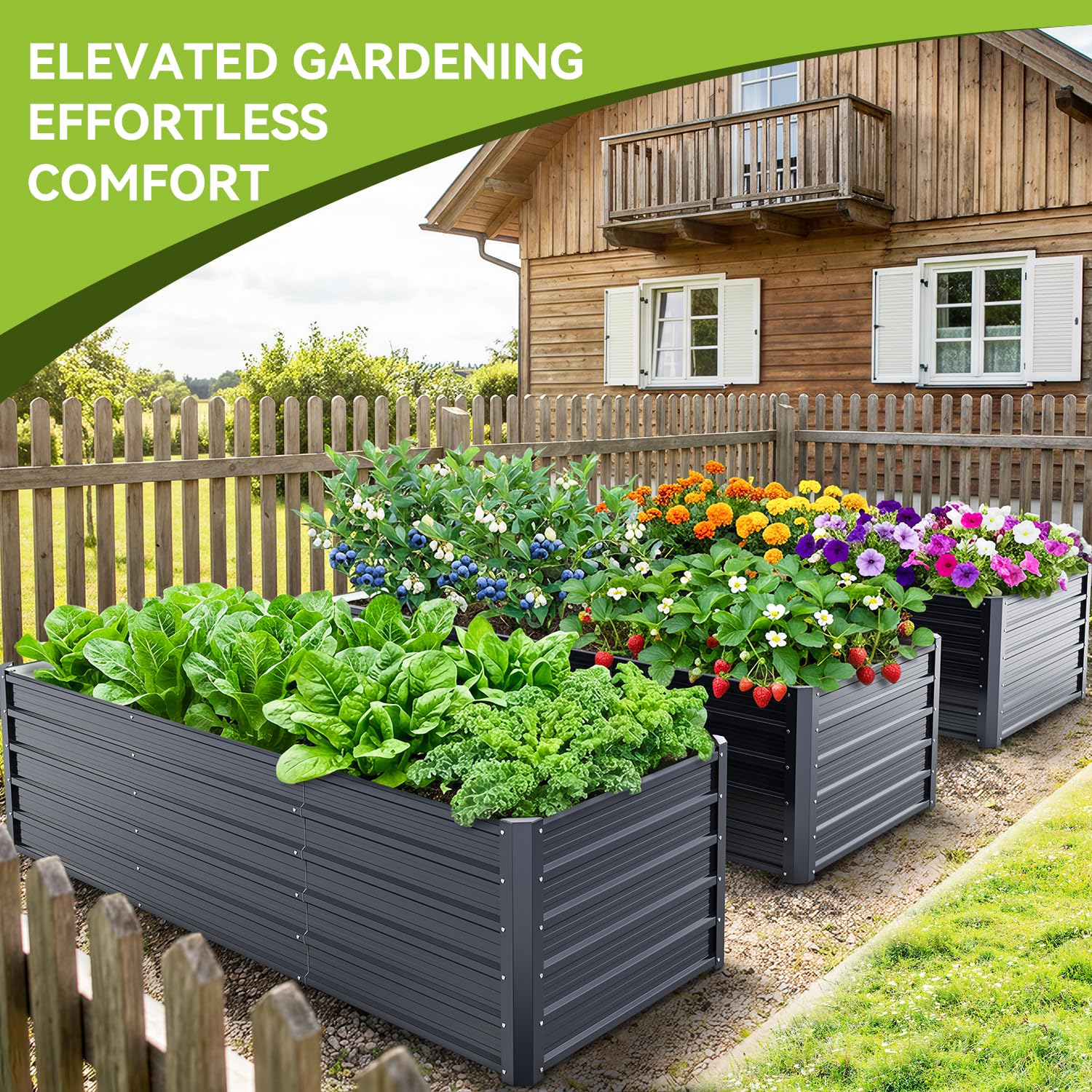 Ohuhu raised bed in backyard lifestyle setting offering tidy, elevated gardening
