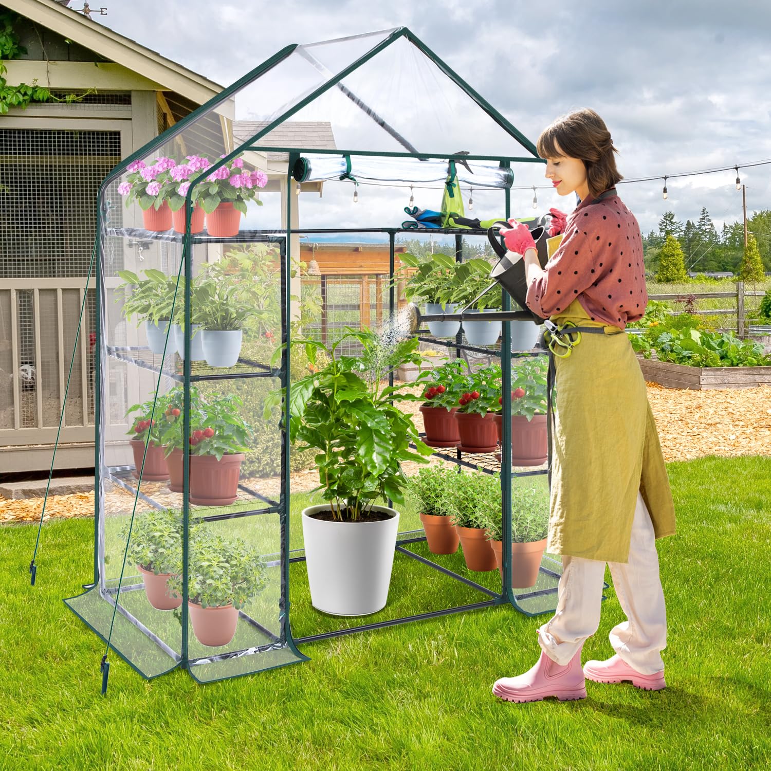 Ohuhu close-up of mesh shelf supporting pots with drainage to keep plants healthy
