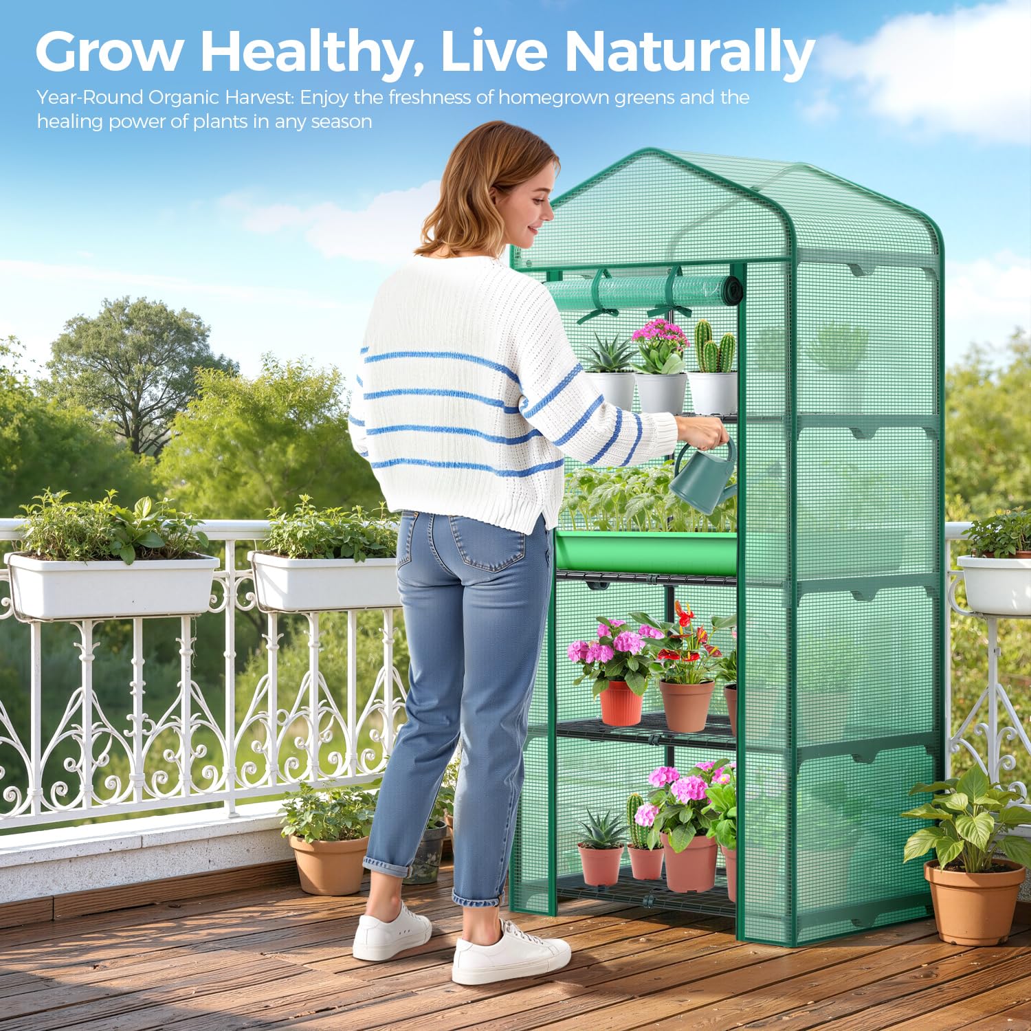 Ohuhu folded greenhouse components illustrating easy storage and portability