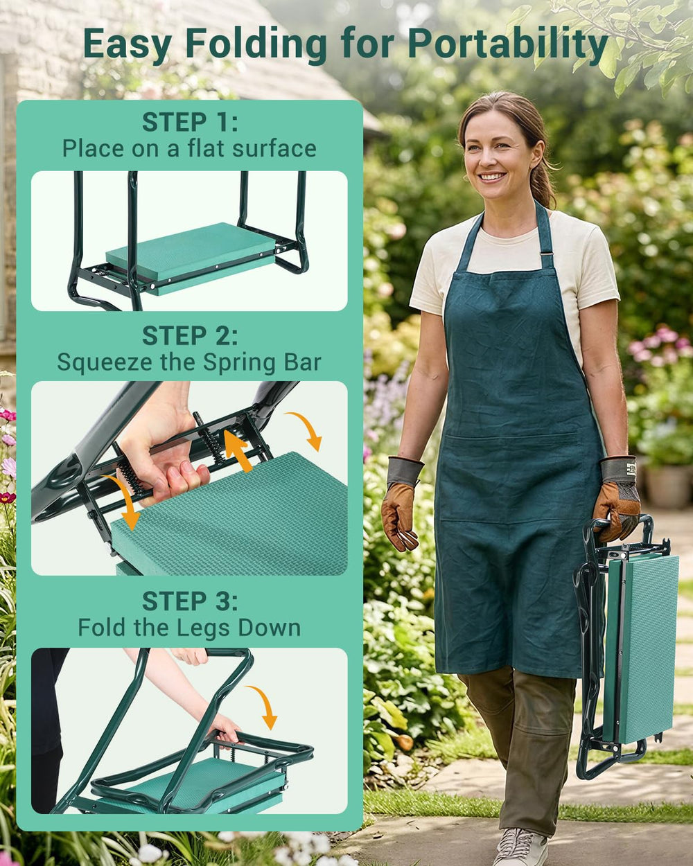 Ohuhu lifestyle image with gardener using seat in flower bed for reduced strain
