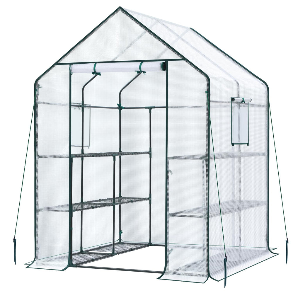 Ohuhu greenhouse next to gardening tools showing size and capacity for multiple pots