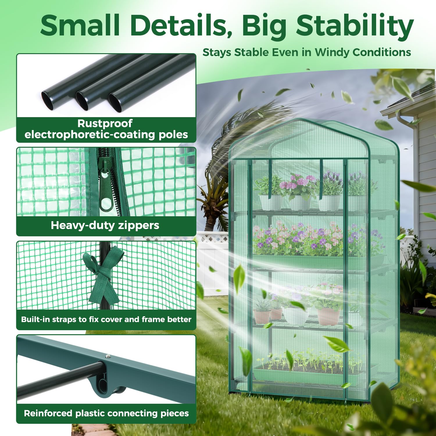 Ohuhu greenhouse beside a hand-raised plant showing scale and space-saving benefit