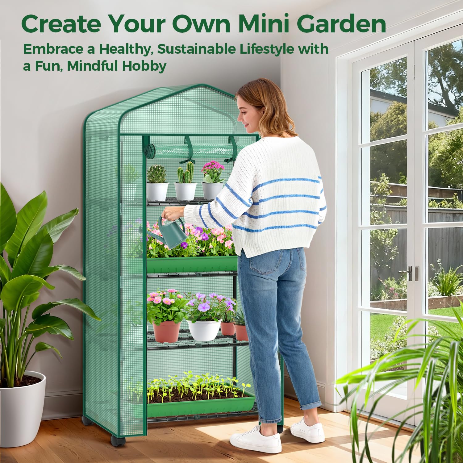 Ohuhu shelving loaded with seed trays showing capacity and organized propagation benefit