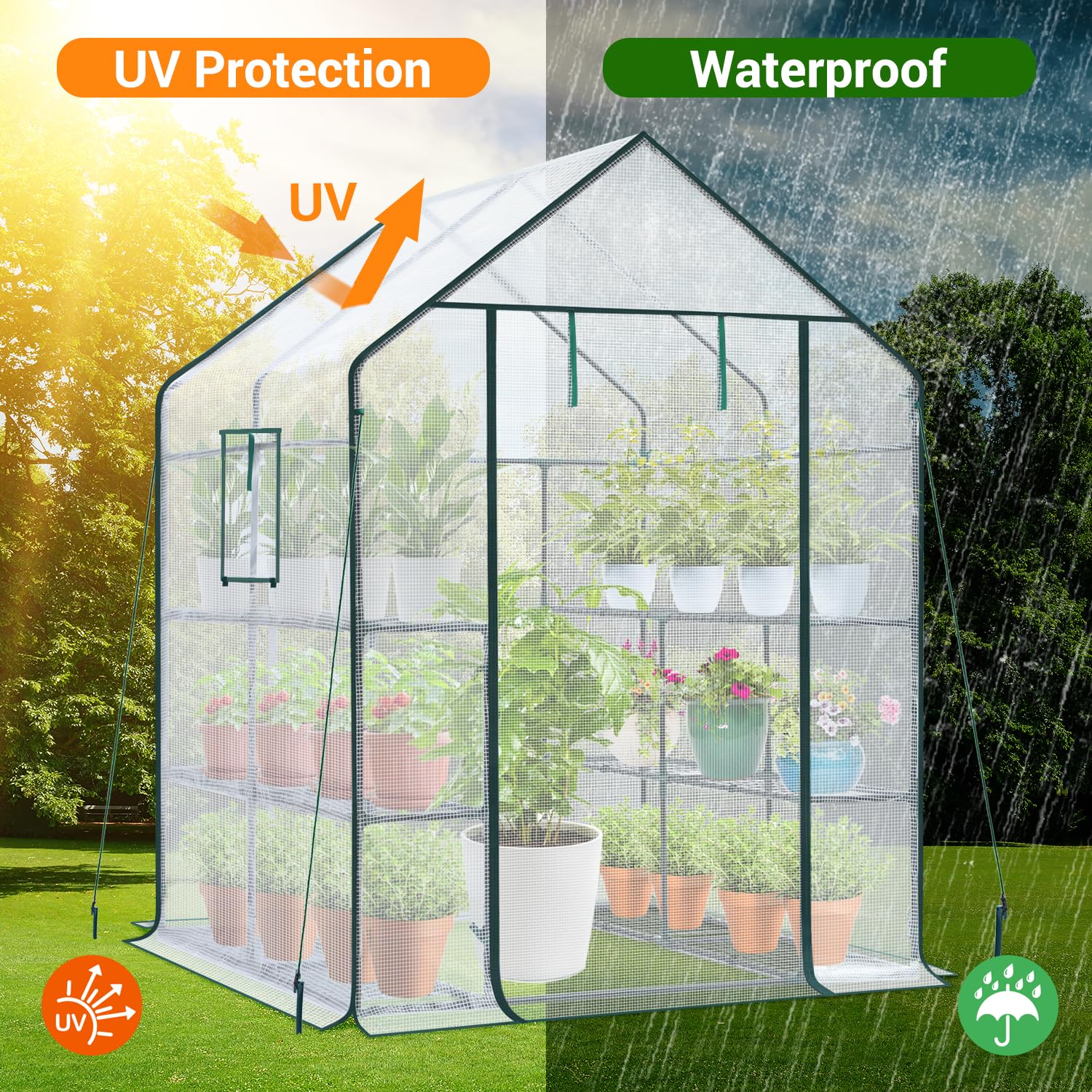 Ohuhu wired shelf detail illustrating sturdy plant support and organized pot storage
