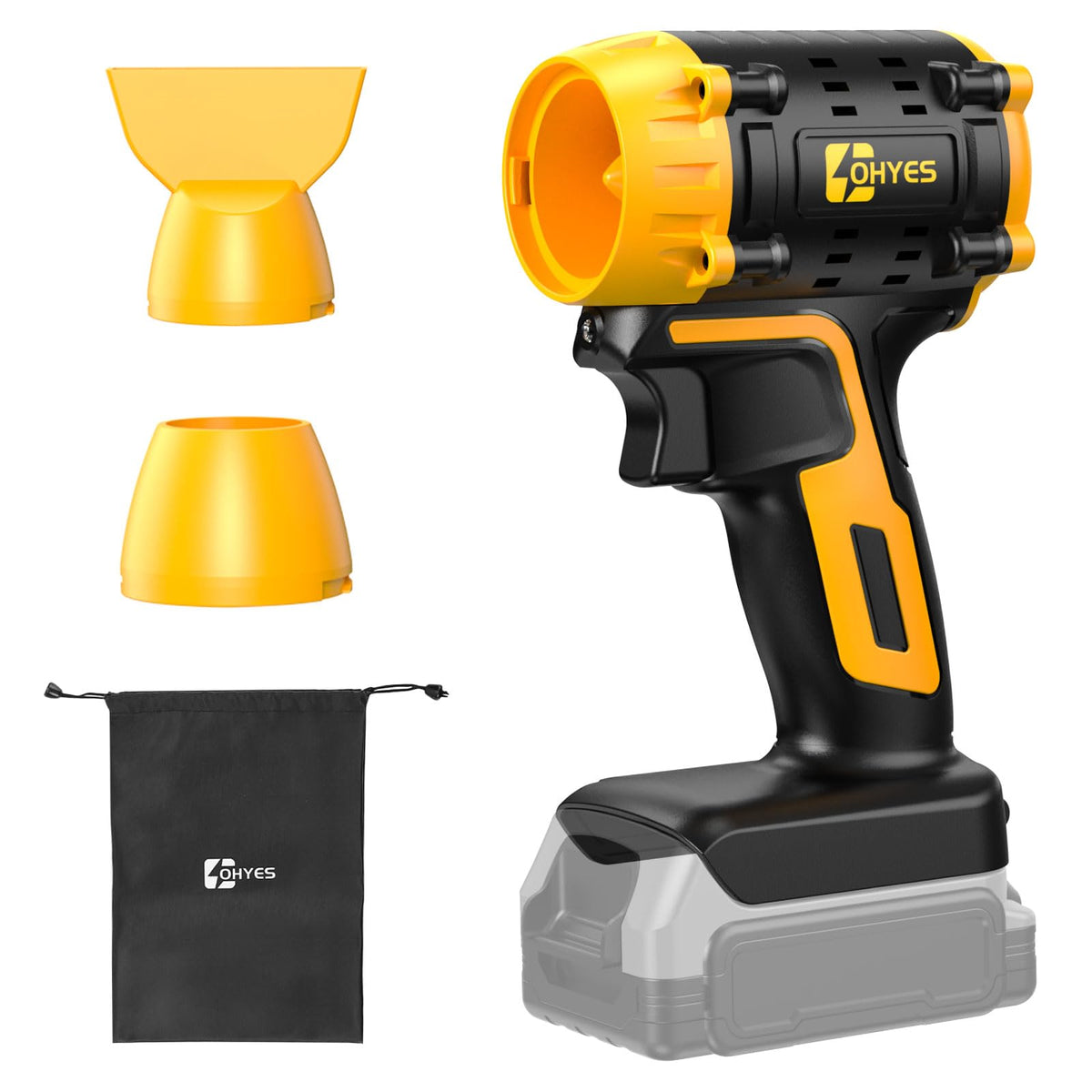 ohyes front view attached to DeWALT battery showing cordless convenience