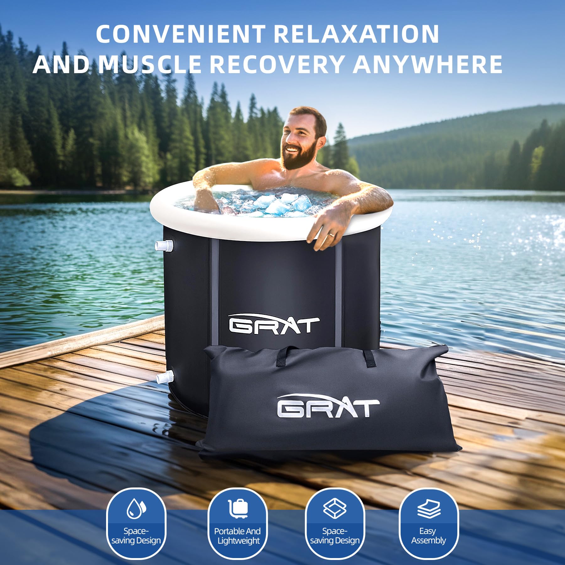 Oibath GRAT folded compact in storage highlighting easy transport and space saving