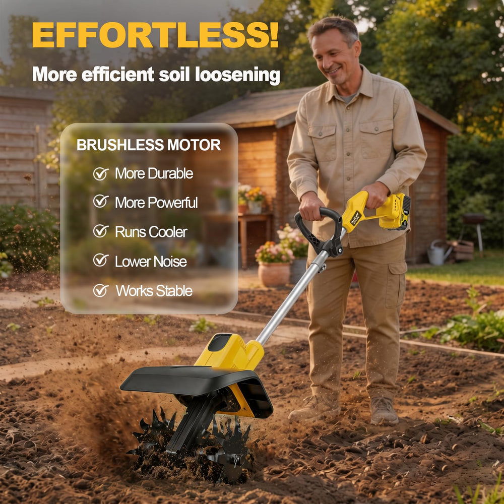 OihPar gardener using tiller in yard highlighting easy maneuverability