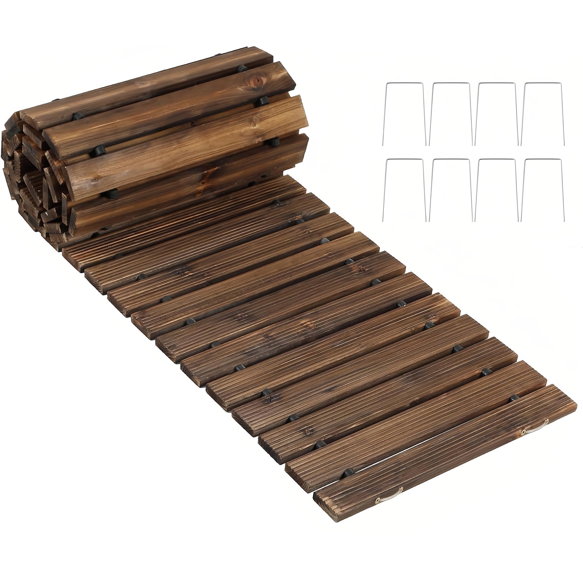 OIHYA front view of rolled wooden pathway showing bridle and stakes for quick setup