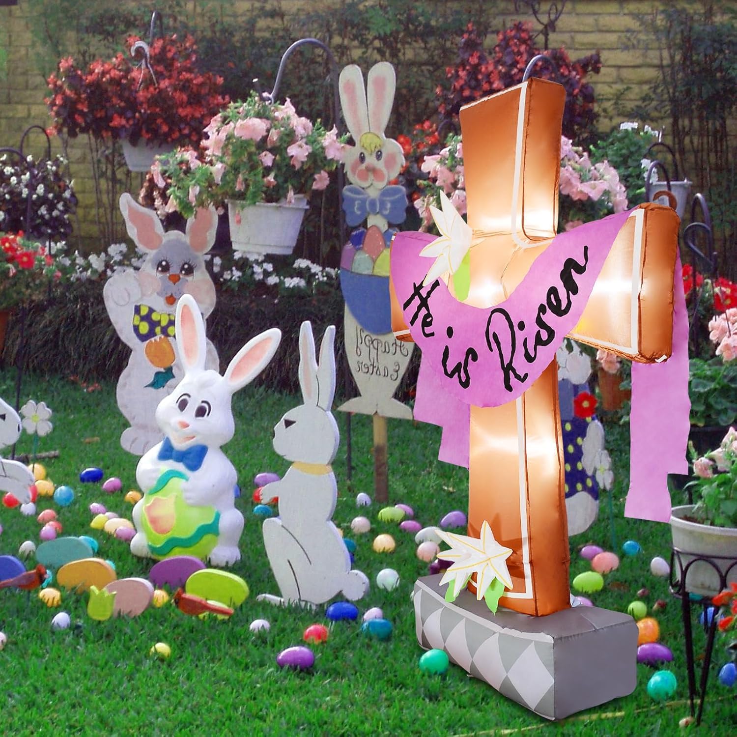 OILCUP inflatable cross in yard with family taking photos, creating memorable Easter photo opportunities