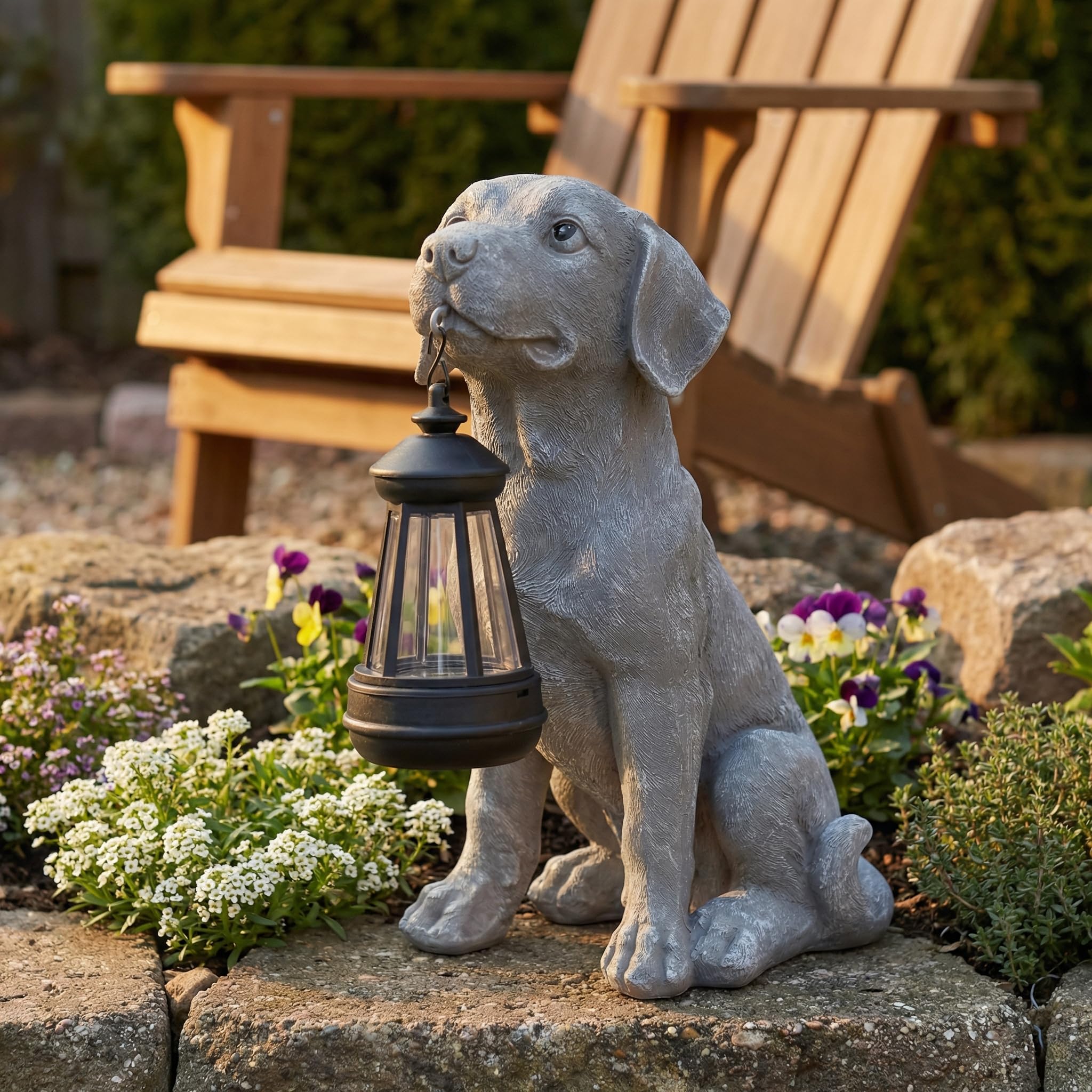 Oinas front view puppy statue showing lantern and stable base, enhancing entryway charm