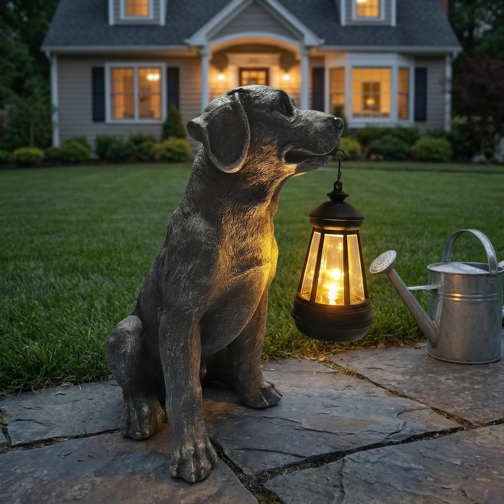 Oinas statue glowing at night in garden, providing gentle solar-powered pathway light