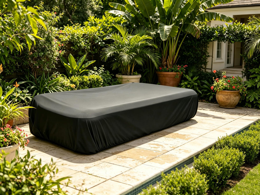 OIOYLEY backyard scene showing cover protecting pool and yard cleanliness
