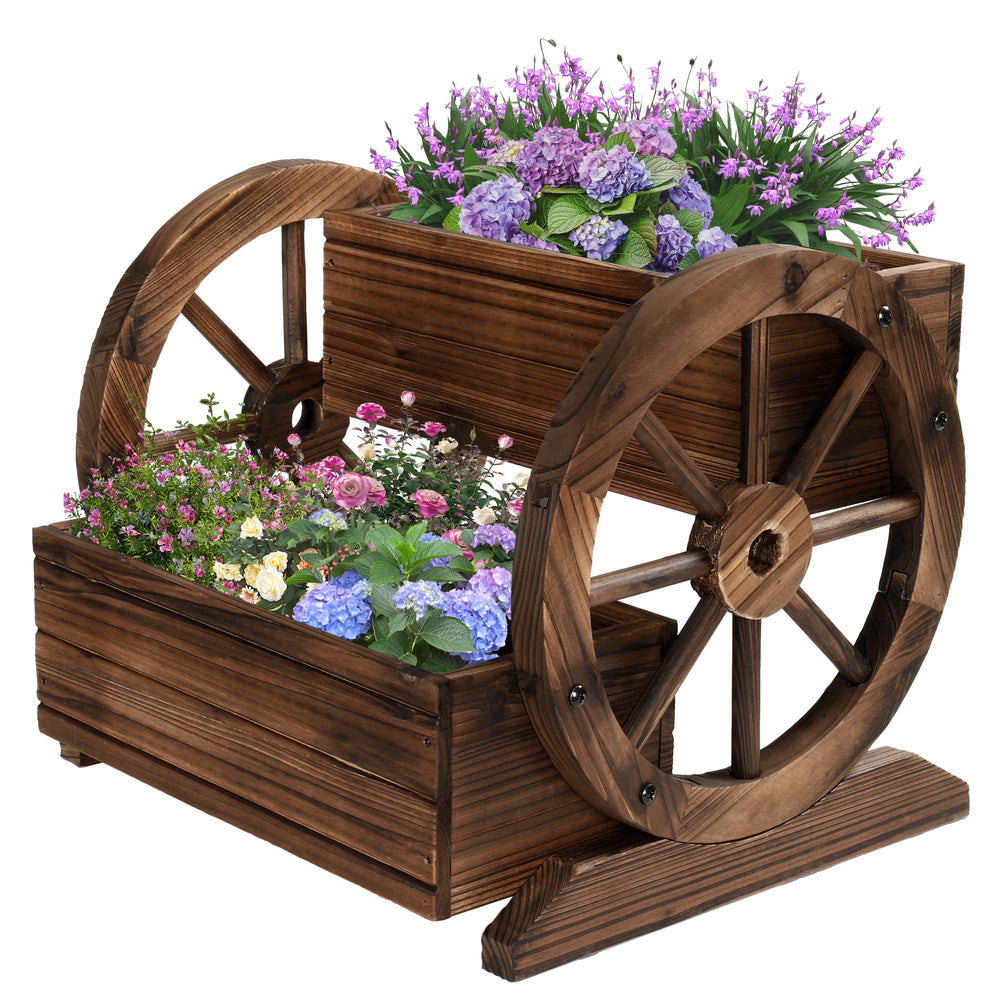 OIPRTGFJ front view of wooden wagon planter showing rustic cedar finish for charming displays