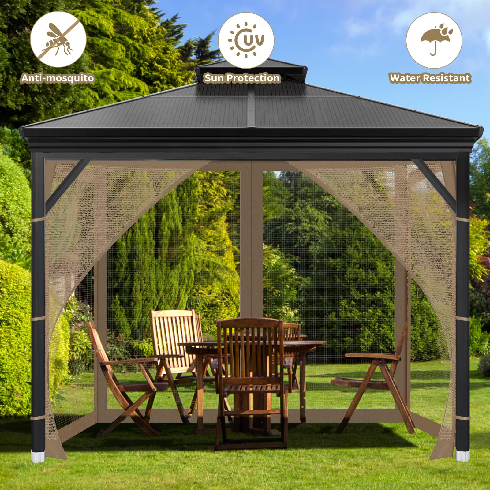 OIPUNSHLE netting mounted on gazebo frame showing how hooks secure panels