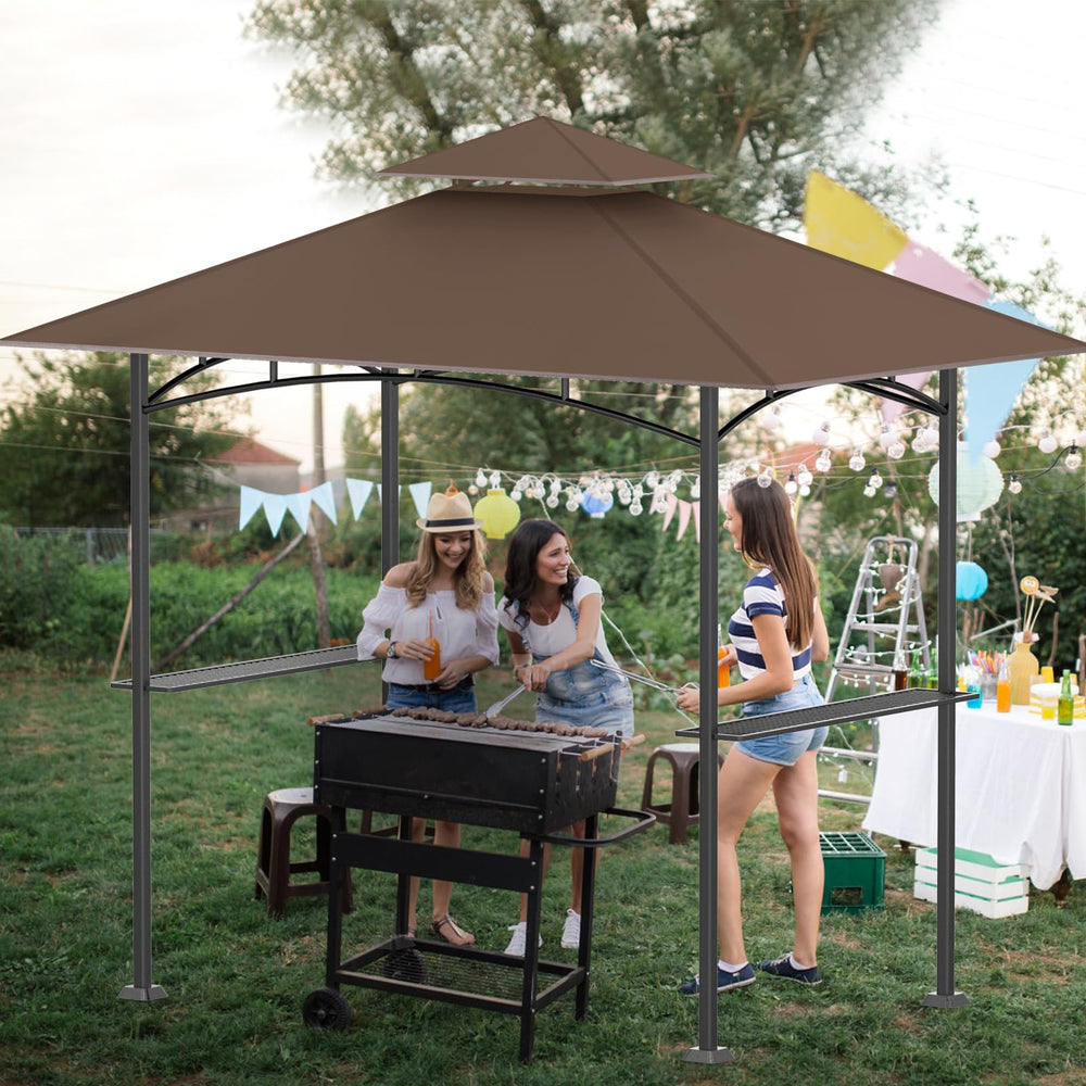 OIPUNSHLE canopy above grill in backyard highlighting shaded, comfortable cooking area