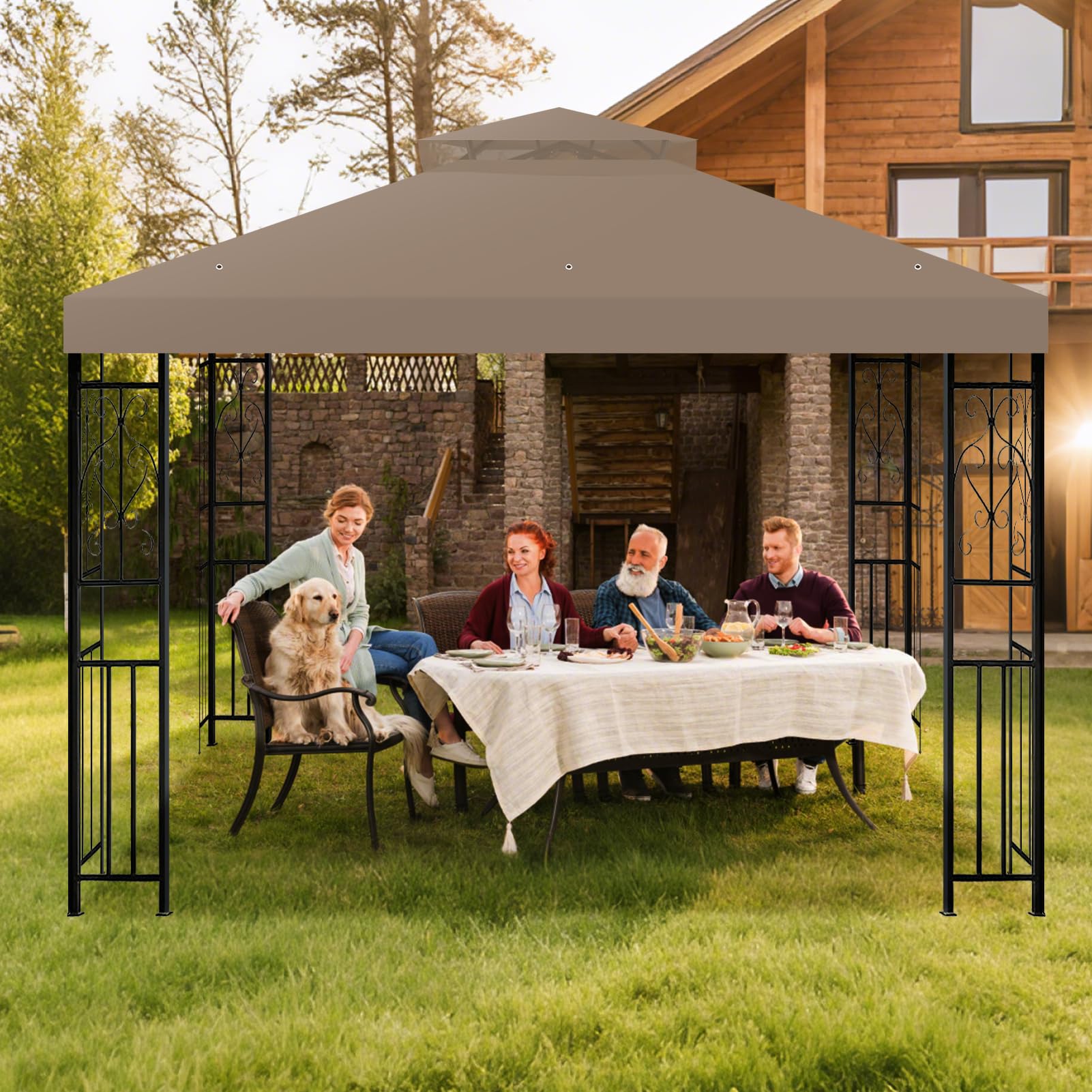 OIPUNSHLE patio dining under khaki canopy demonstrating comfortable shaded outdoor use