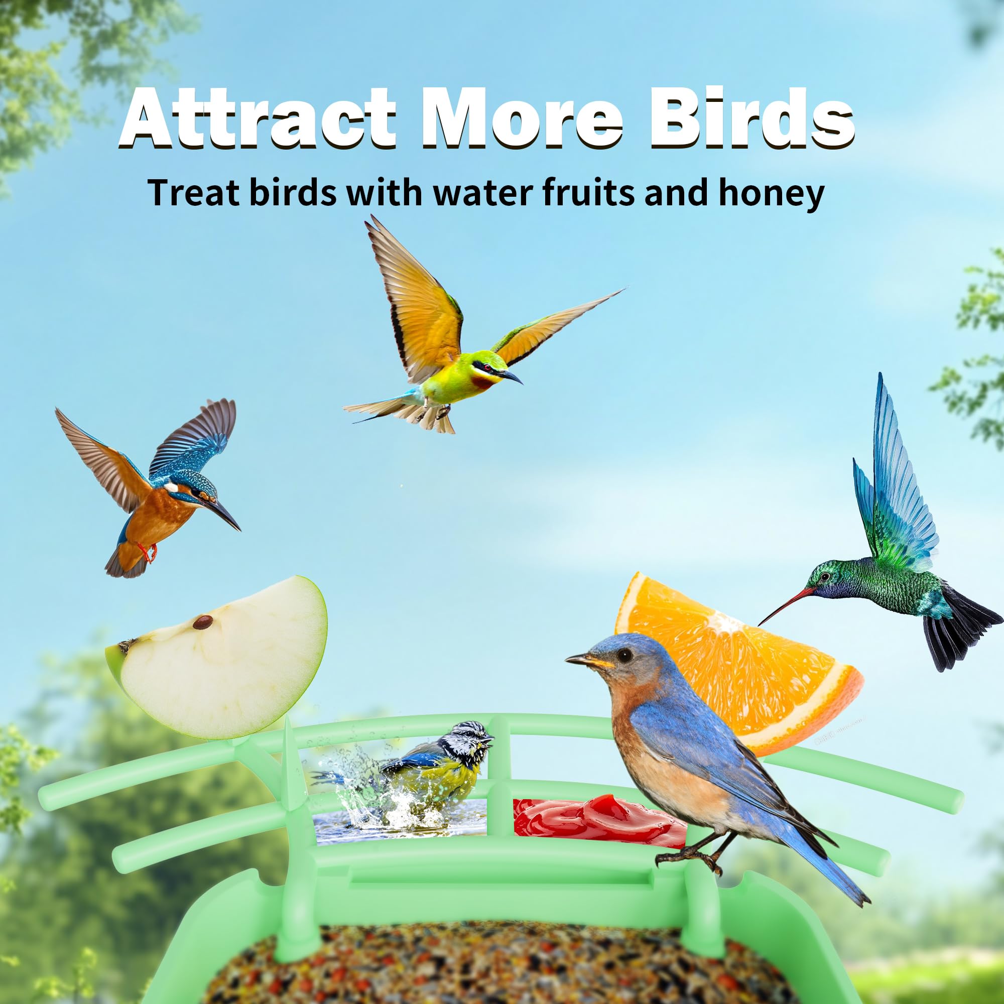 OIRHNL water bowl and fruit pin close-up attracting diverse birds and offering hydration