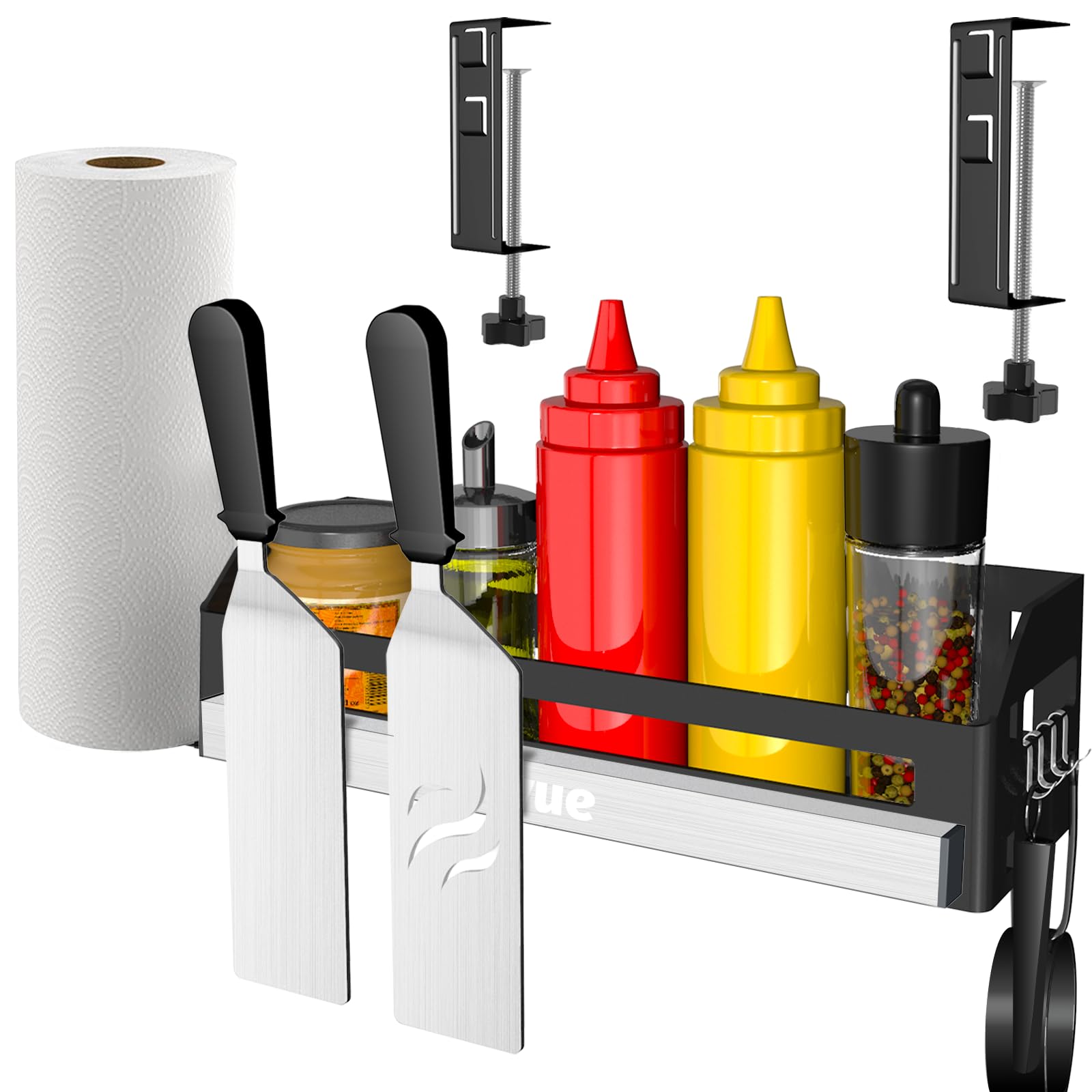 Oiyue griddle caddy front view showing ample bottle storage and neat organization benefit