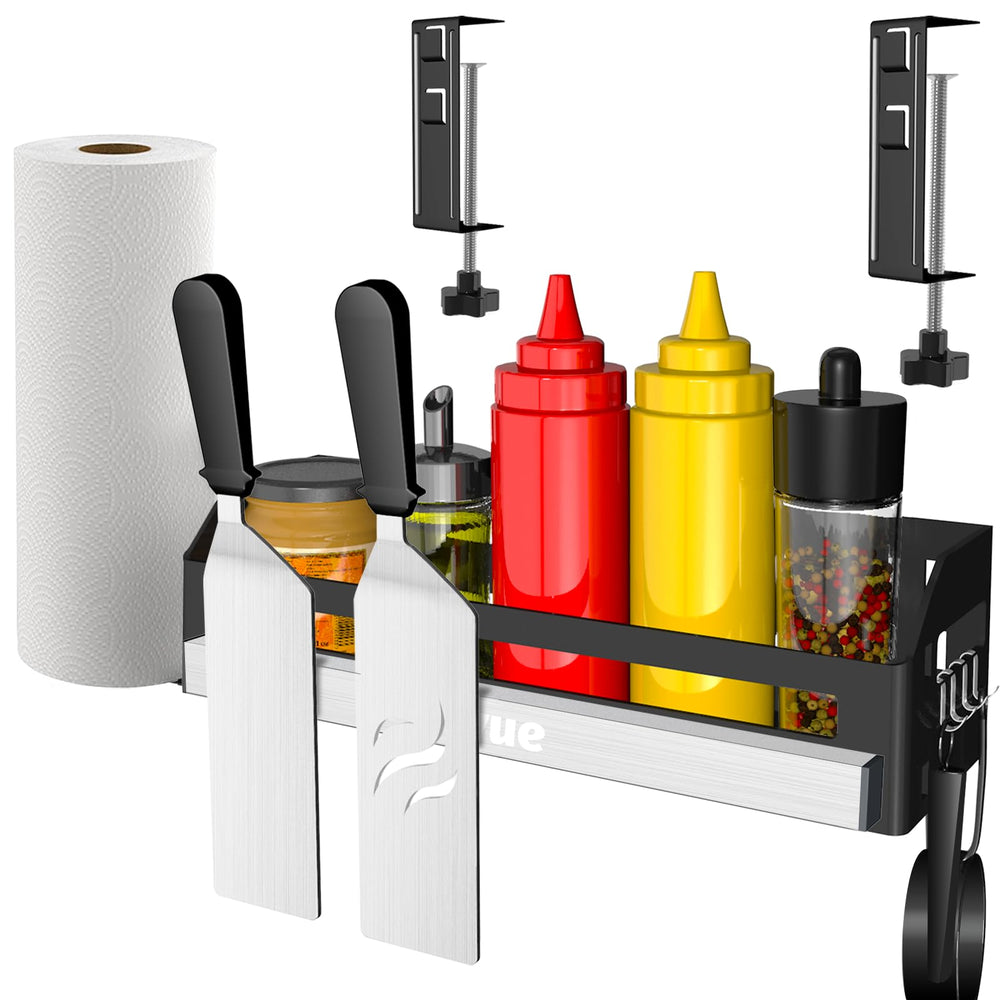 Oiyue griddle caddy front view showing ample bottle storage and neat organization benefit
