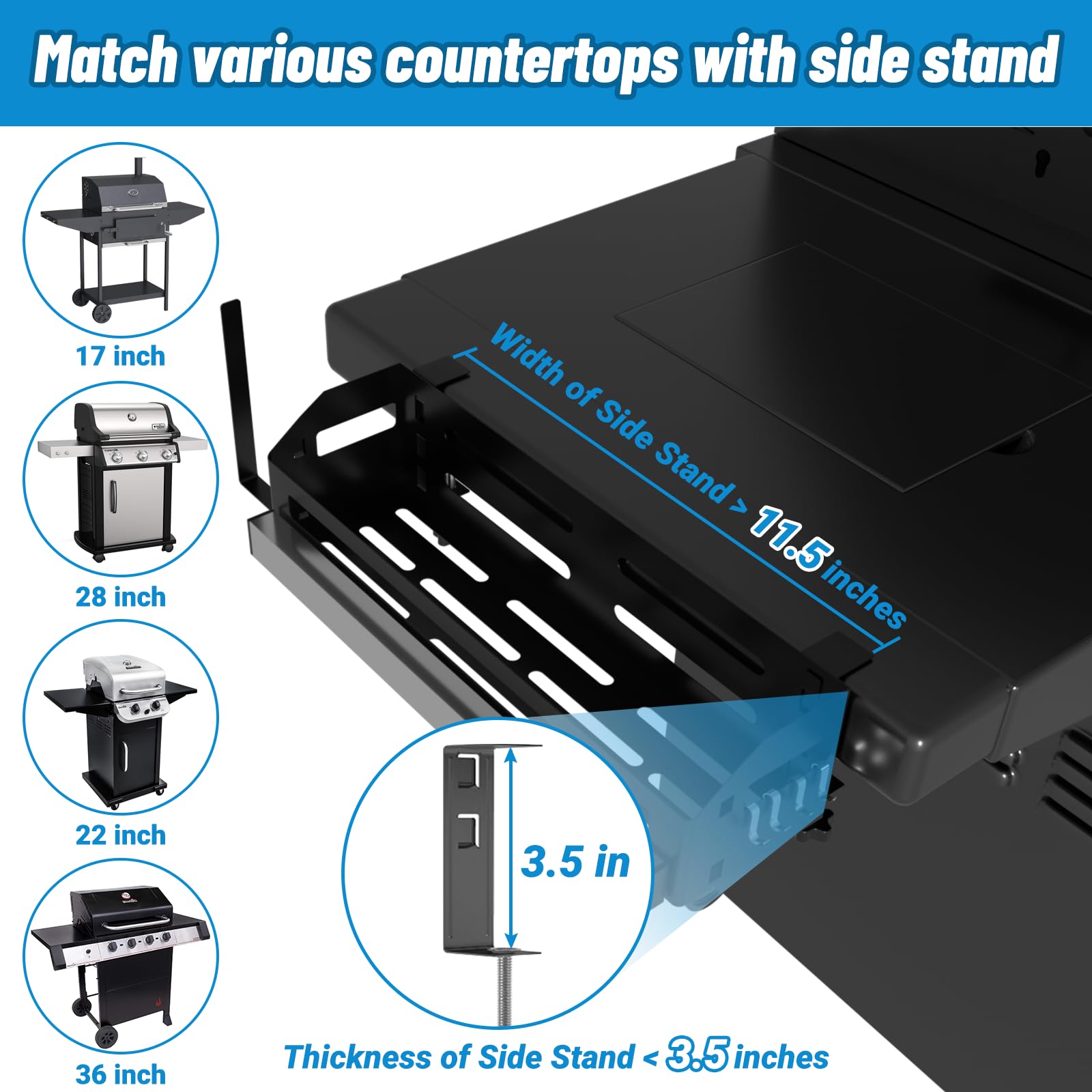 Oiyue caddy installed on 36-inch Blackstone griddle demonstrating space-saving benefit