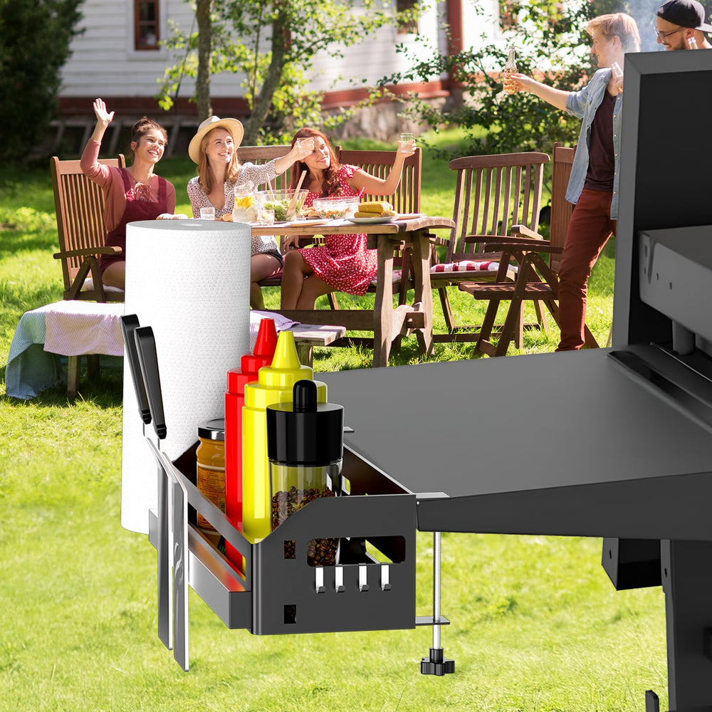 Oiyue griddle caddy in outdoor cooking scene showing organized prep and faster service benefit