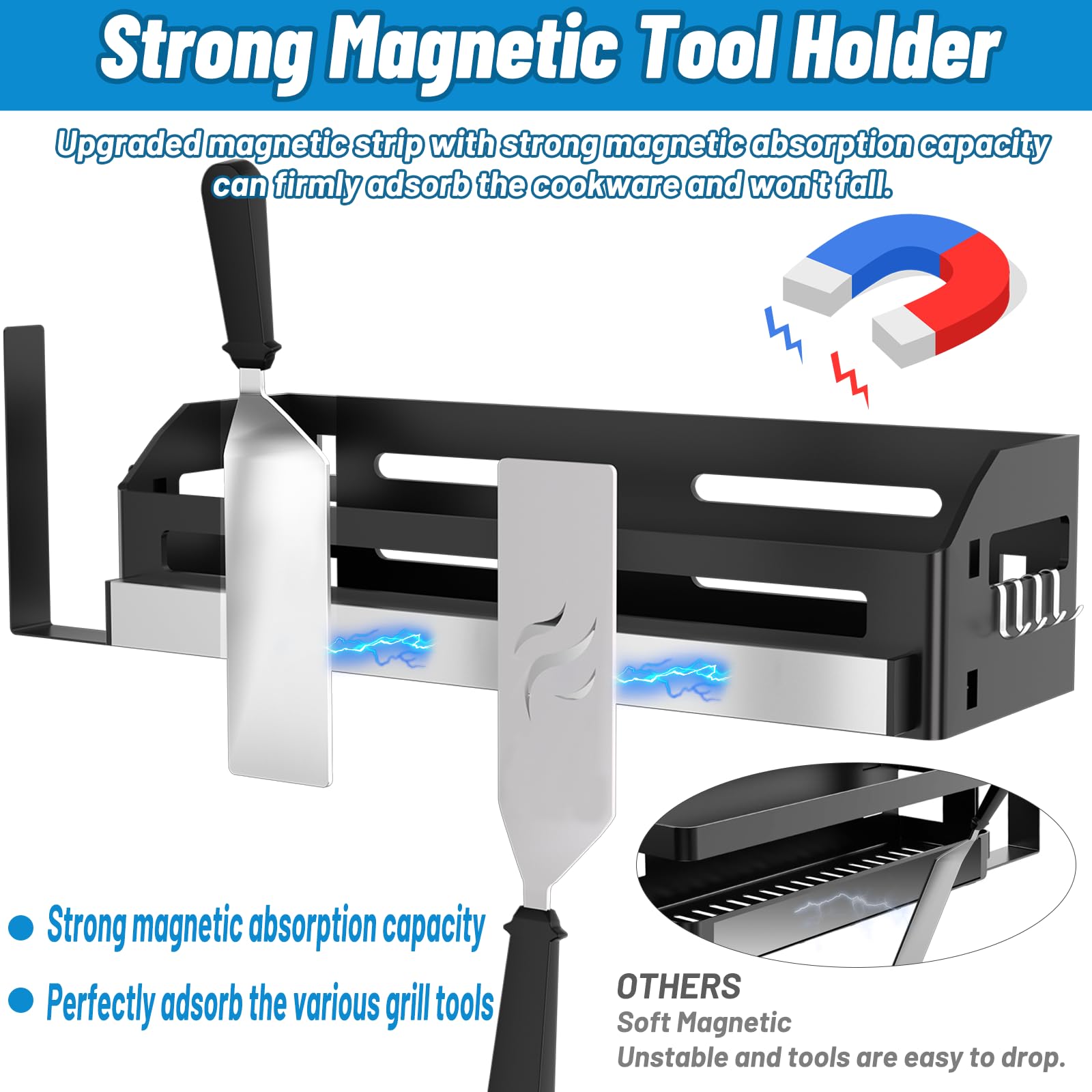 Oiyue paper towel holder with J-hooks showing easy cleanup and extra hanging storage benefit