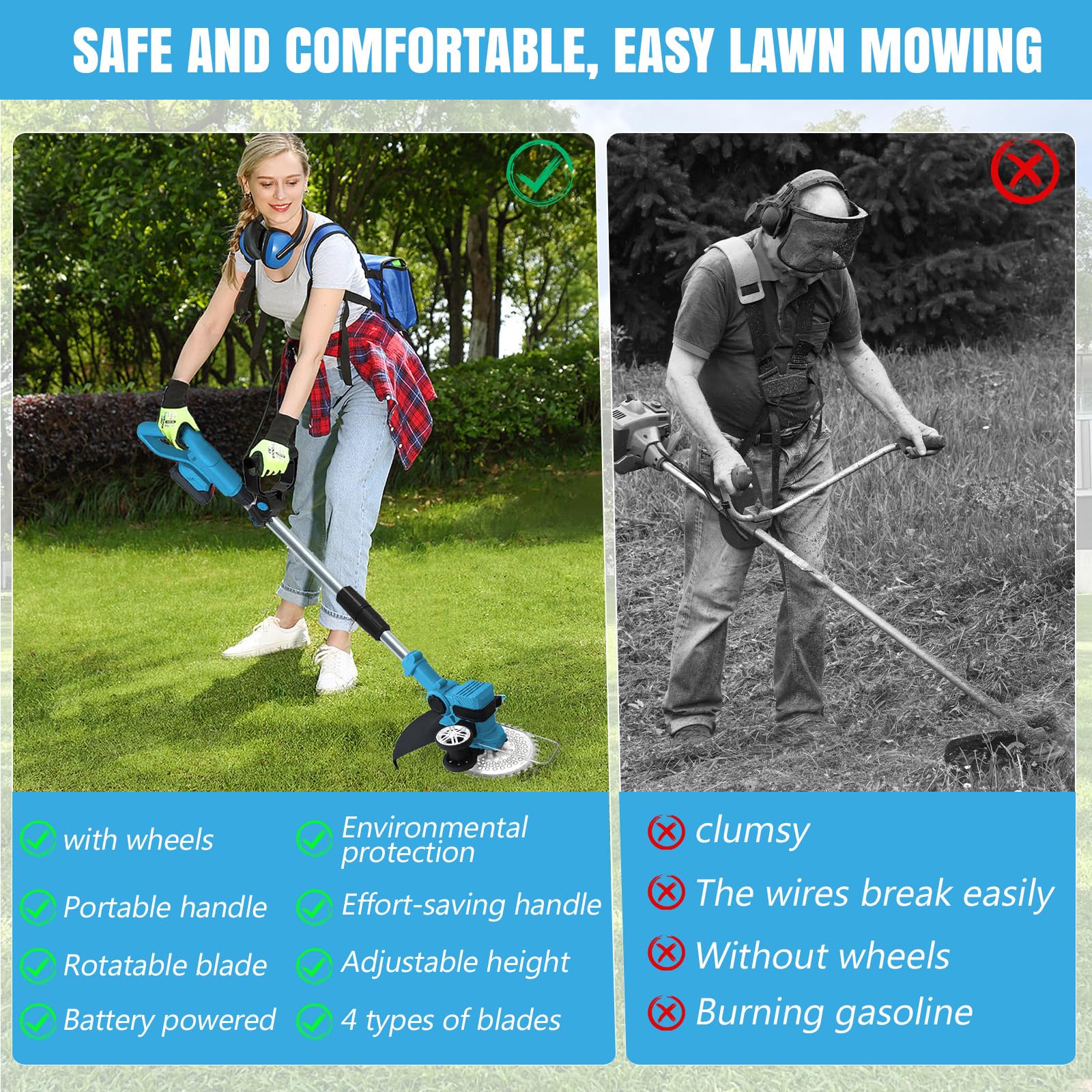 OJFAON cordless trimmer in a yard lifestyle scene showing easy maintenance
